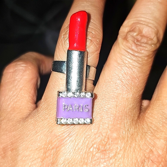 Super cute LIPSTICK adjustable ring with clear rhinestones! - Picture 1 of 2